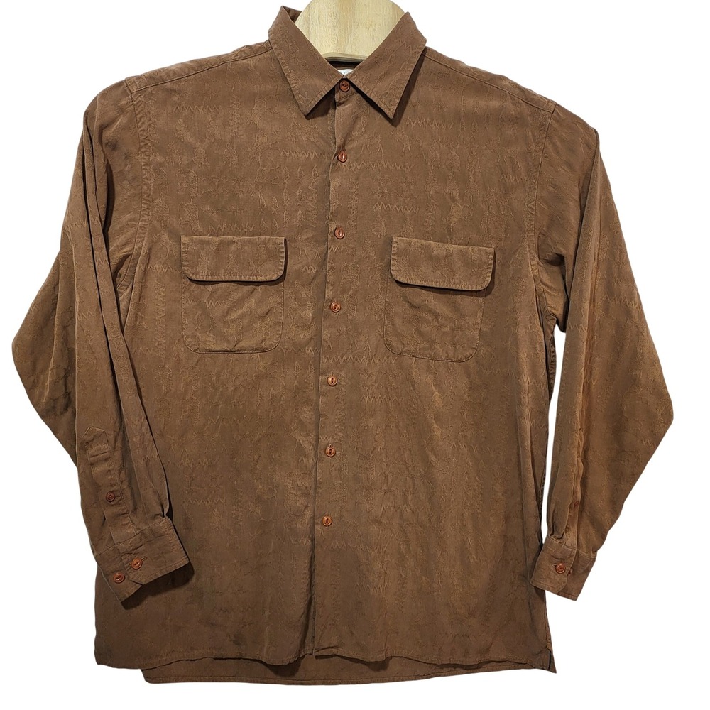 Ryan‎ Michael Mens Large Brown 100% Silk Wildlife Jacquard Western Button Shirt
